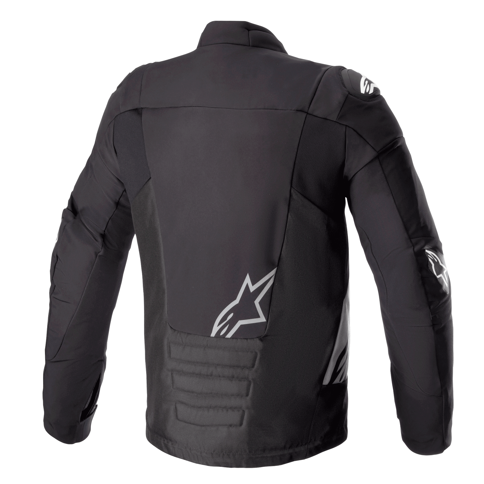 Chaqueta Impermeable Alpinestars SMX, negro gris oscuro, vista trasera, con el logo blanco de Alpinestars en la parte inferior de la espalda y el hombro, sección acolchada en la parte baja de la espalda, chaqueta de moto de tejido técnico y softshell