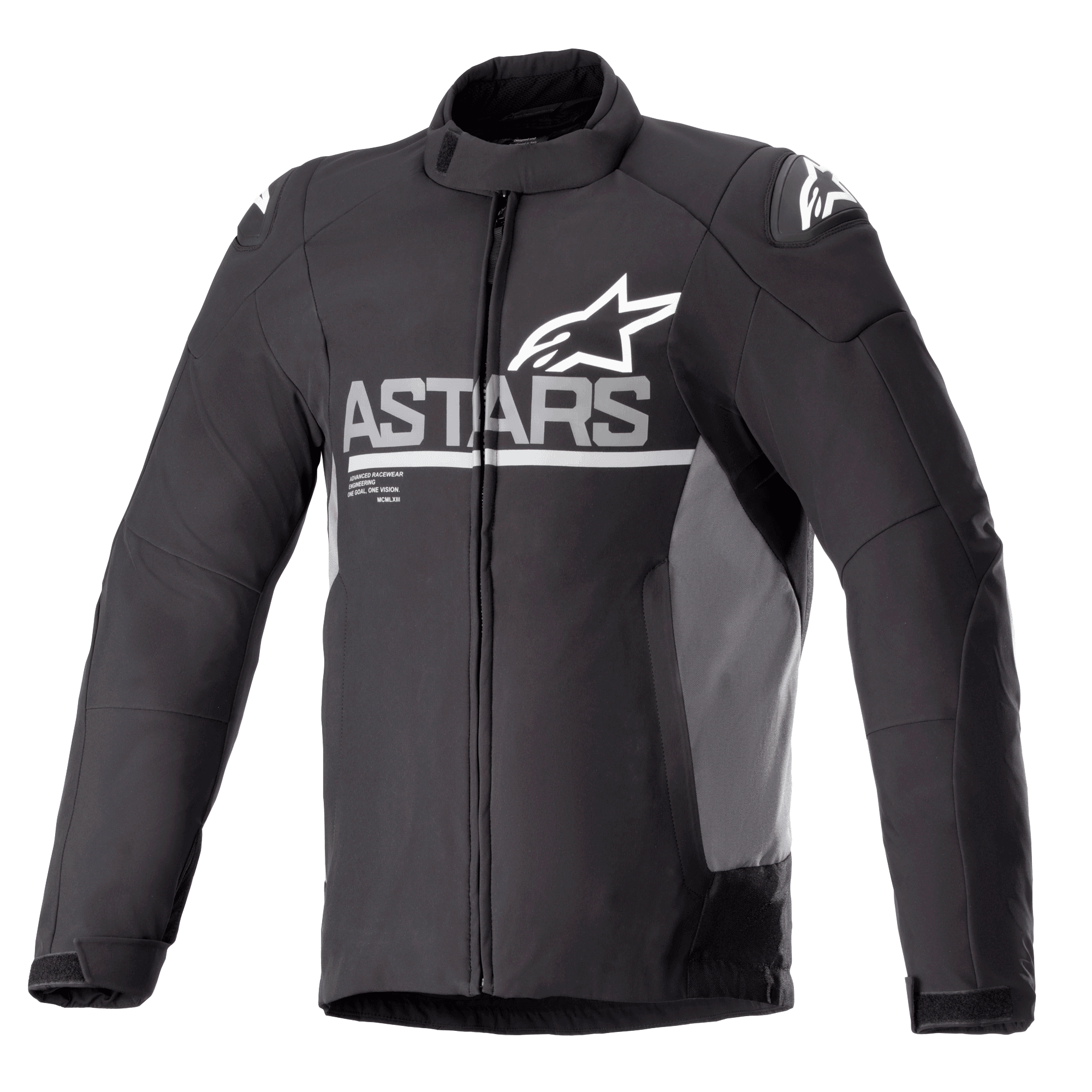 Alpinestars SMX Waterproof Jacket, chaqueta de moto, negra con paneles laterales gris oscuro, logotipo ASTARS blanco en el pecho y logotipos de estrella en los hombros, construcción textil y softshell, cremallera frontal completa, cuello alto y puños ajustables con velcro