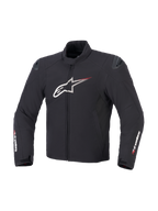 Alpinestars SMX Waterproof Jacket in Black White and Bright Red, front view showing textile construction, large white Astar chest logo with red speed lines, external DFS lite shoulder sliders, and Alpinestars branding on the sleeves.