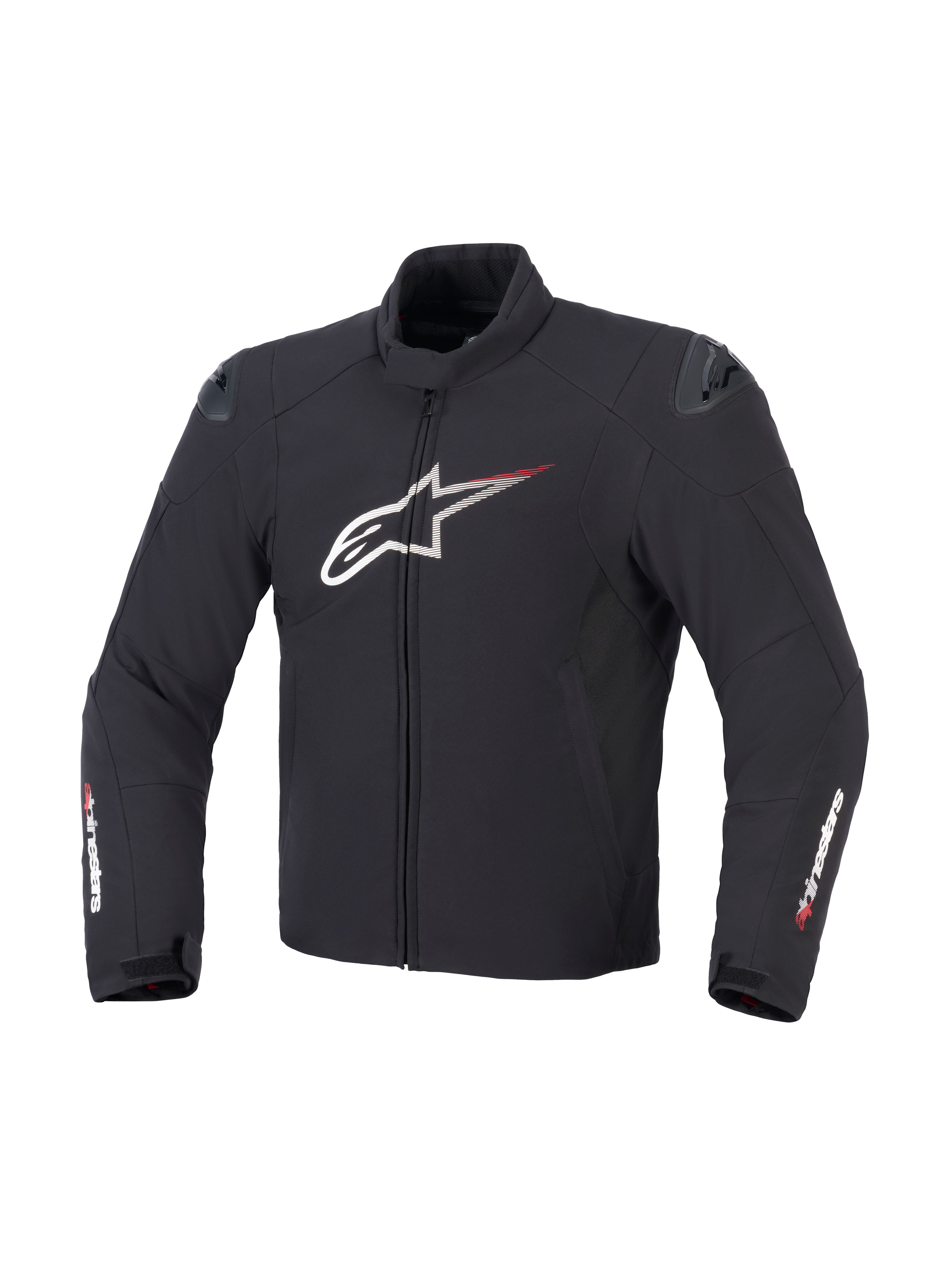 Alpinestars SMX Waterproof Jacket in Black White and Bright Red, front view showing textile construction, large white Astar chest logo with red speed lines, external DFS lite shoulder sliders, and Alpinestars branding on the sleeves.