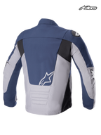 Chaqueta impermeable Alpinestars SMX para hombre, chaqueta de moto de tejido textil, vista trasera que muestra los colores azul marino, gris oscuro y negro, espalda alargada y logotipo A-star blanco