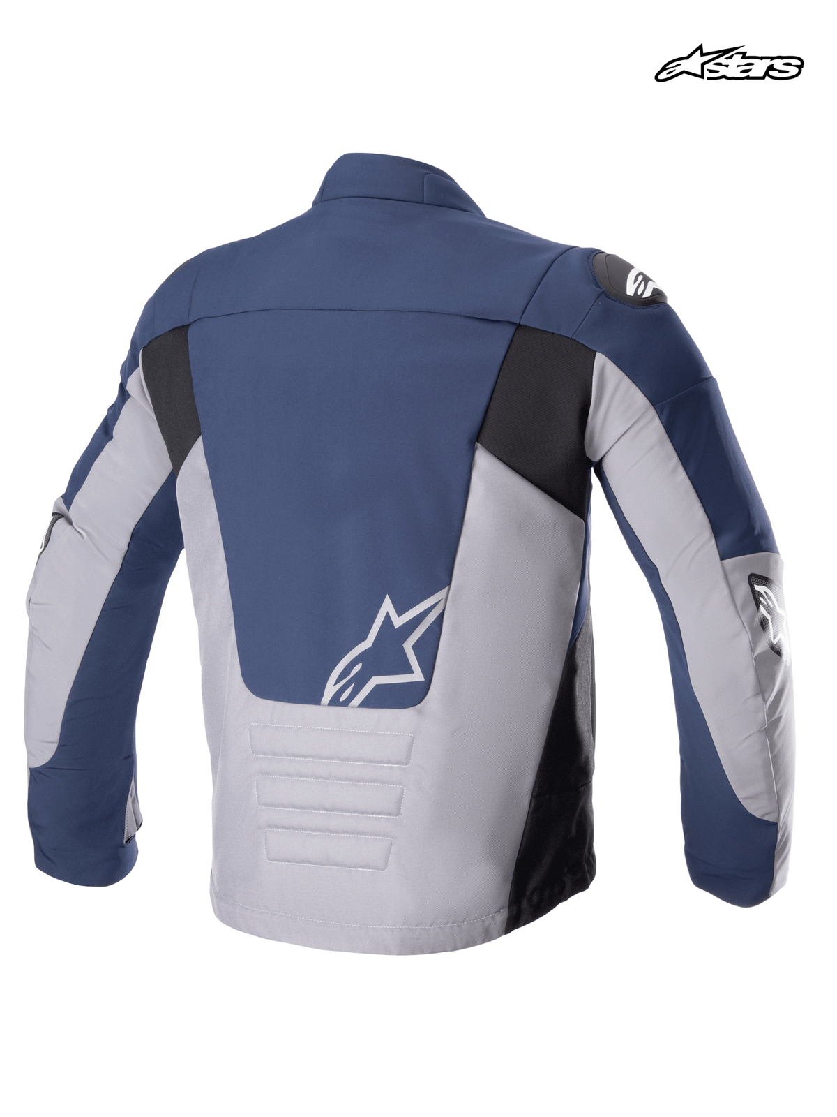 Chaqueta impermeable Alpinestars SMX para hombre, chaqueta de moto de tejido textil, vista trasera que muestra los colores azul marino, gris oscuro y negro, espalda alargada y logotipo A-star blanco