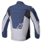 Chaqueta impermeable SMX de Alpinestars, vista trasera, azul noche y gris oscuro, con paneles de bloques de color en azul marino y gris claro con detalles en negro, logotipo de estrella blanco en la parte inferior de la espalda y detalles de costuras horizontales acolchadas