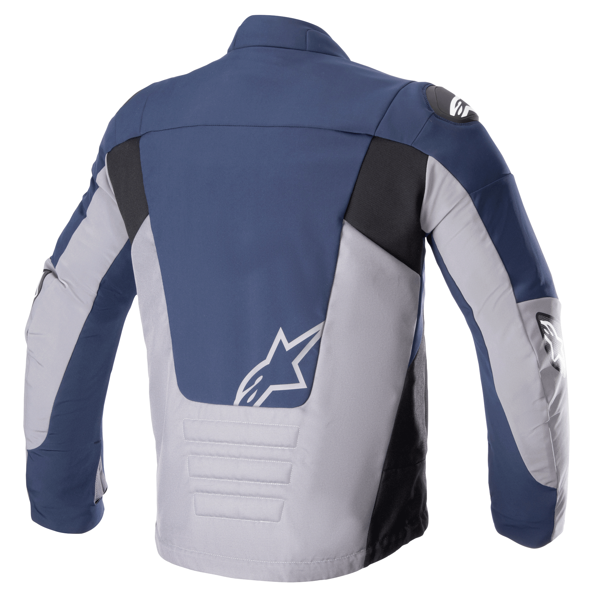 Chaqueta impermeable SMX de Alpinestars, vista trasera, azul noche y gris oscuro, con paneles de bloques de color en azul marino y gris claro con detalles en negro, logotipo de estrella blanco en la parte inferior de la espalda y detalles de costuras horizontales acolchadas