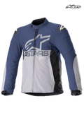Alpinestars Chaqueta Impermeable SMX, chaqueta de moto de carreras y sport textil para hombre en azul marino y gris oscuro, vista frontal que muestra la construcción impermeable y protecciones en los hombros