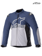 Alpinestars Chaqueta Impermeable SMX, chaqueta de moto de carreras y sport textil para hombre en azul marino y gris oscuro, vista frontal que muestra la construcción impermeable y protecciones en los hombros