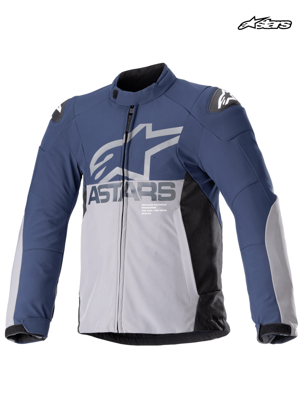 Alpinestars Chaqueta Impermeable SMX, chaqueta de moto de carreras y sport textil para hombre en azul marino y gris oscuro, vista frontal que muestra la construcción impermeable y protecciones en los hombros