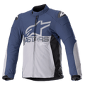Alpinestars SMX Waterproof Jacket, chaqueta de moto, azul marino y gris oscuro con paneles laterales negros, logotipo grande ASTARS en gris sobre el pecho, logos de estrella blanca en los hombros, cuello alto, puños ajustables con velcro, protección de armadura acolchada y cremallera frontal completa