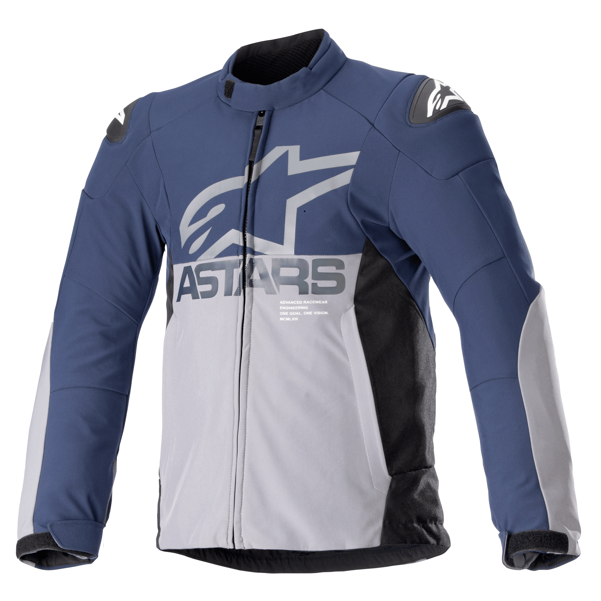 Alpinestars SMX Waterproof Jacket, chaqueta de moto, azul marino y gris oscuro con paneles laterales negros, logotipo grande ASTARS en gris sobre el pecho, logos de estrella blanca en los hombros, cuello alto, puños ajustables con velcro, protección de armadura acolchada y cremallera frontal completa