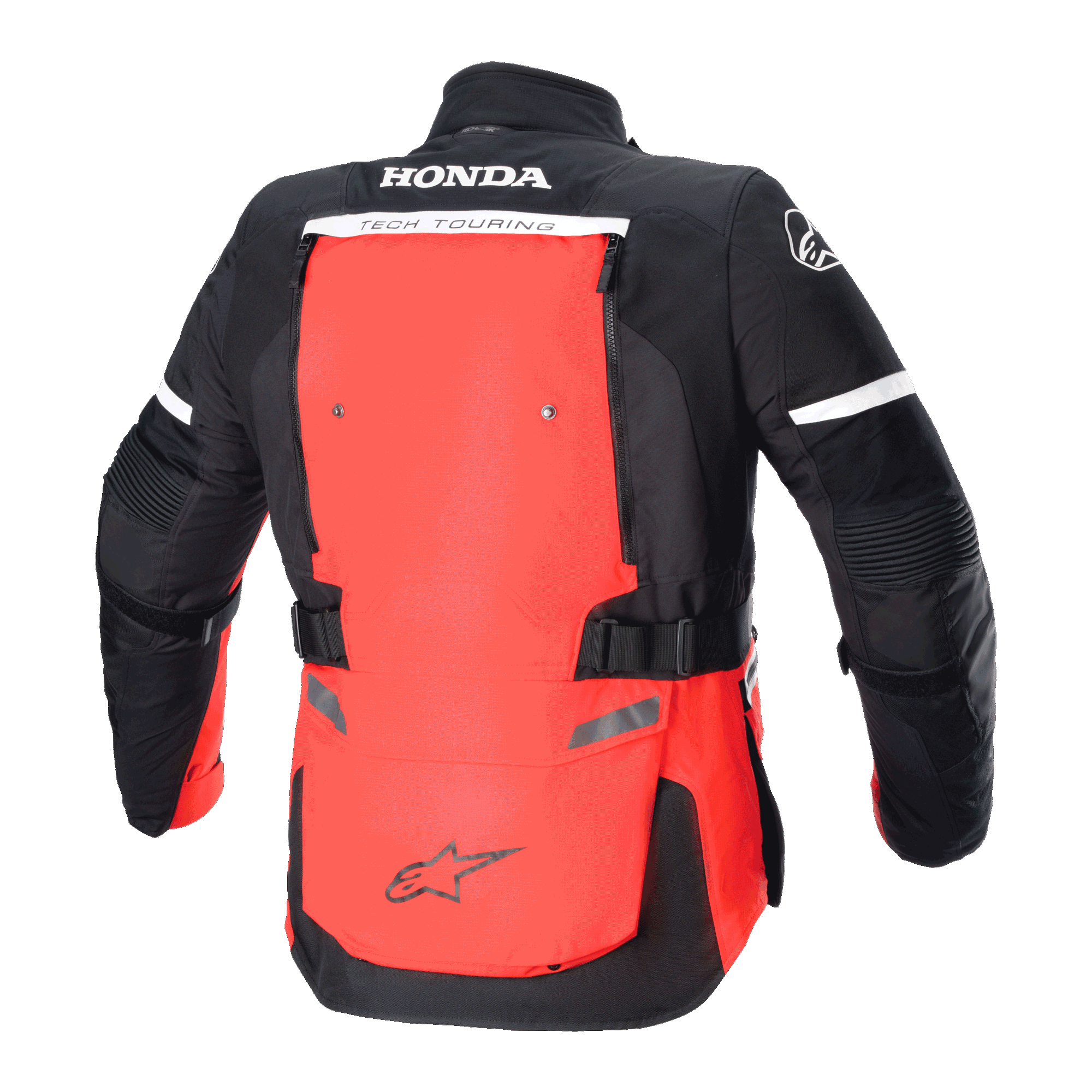 Alpinestars Honda Bogotá Pro Drystar® Jacket, Rear View, Bright Red and Black, Adventure Touring Motorcycle Jacket featuring HONDA and TECH TOURING branding, large red back panel with adjustable straps and reflective details.