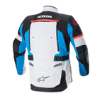 Alpinestars Honda Bogotá Pro Drystar® Jacket, Rear View, Ice Gray Blue and Bright Red, technical adventure-touring jacket featuring Honda and Tech Touring branding on the back, ventilation panels, and adjustable waist straps.