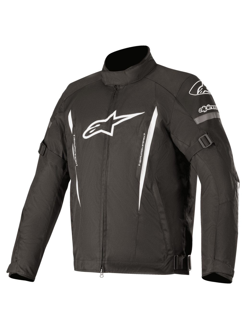 Alpinestars Gunner V2 Waterproof Jacket, chaqueta de moto textil negra con logotipos blancos y franjas verticales, cuenta con correas ajustables en brazos y cintura, cuello alto, cremallera frontal y protección impermeable duradera para la conducción