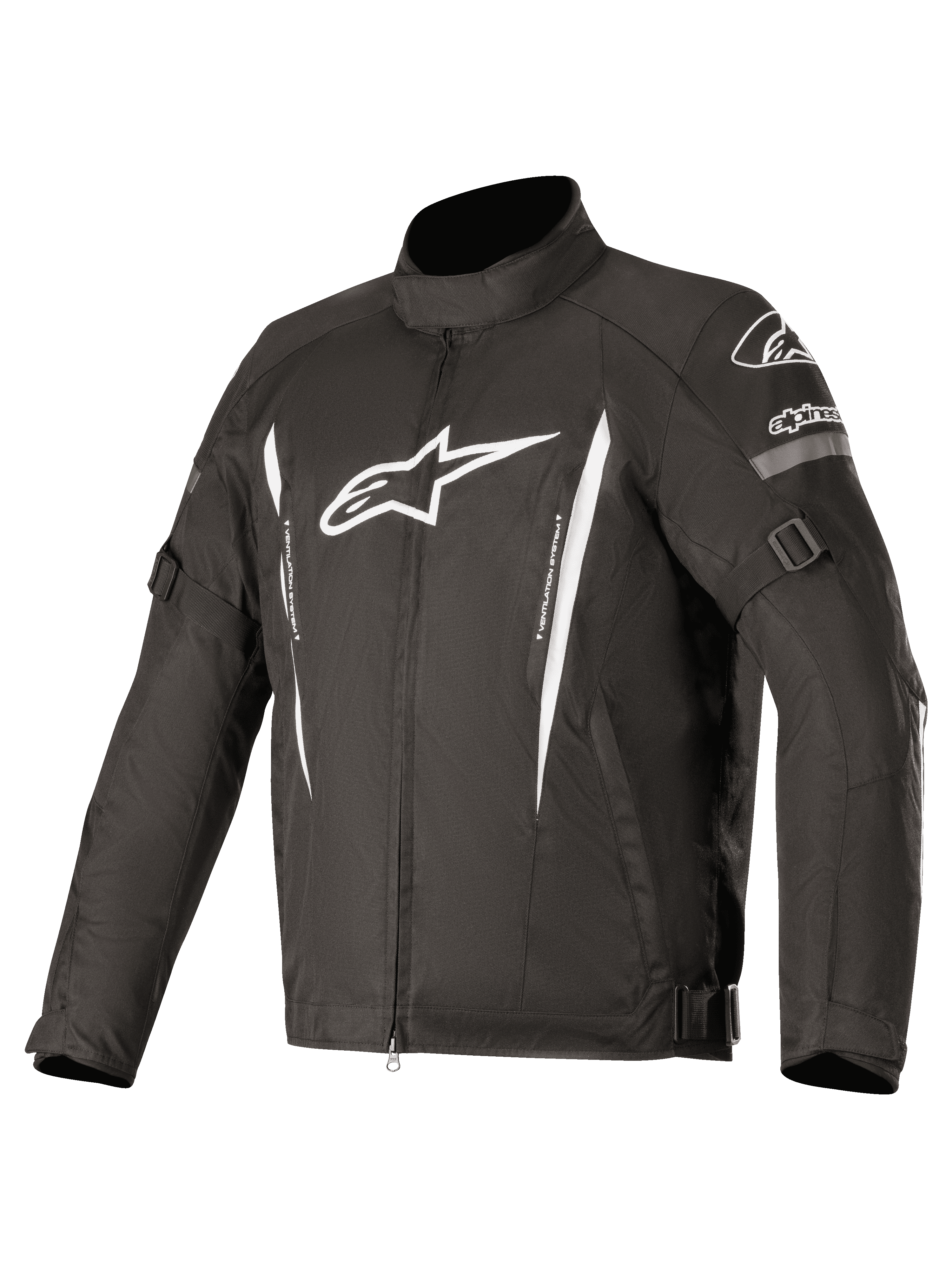 Alpinestars Gunner V2 Waterproof Jacket, chaqueta de moto textil negra con logotipos blancos y franjas verticales, cuenta con correas ajustables en brazos y cintura, cuello alto, cremallera frontal y protección impermeable duradera para la conducción