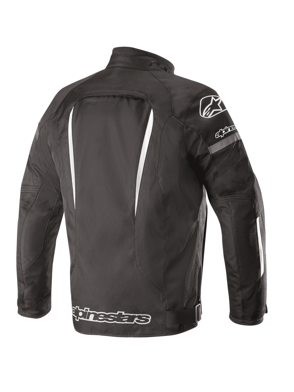 Chaqueta impermeable Alpinestars Gunner V2, vista posterior, negro y blanco, construcción textil con detalles blancos verticales, logotipo grande de Alpinestars en la parte inferior de la espalda y logotipo A-star en el hombro, equipamiento de conducción urbana