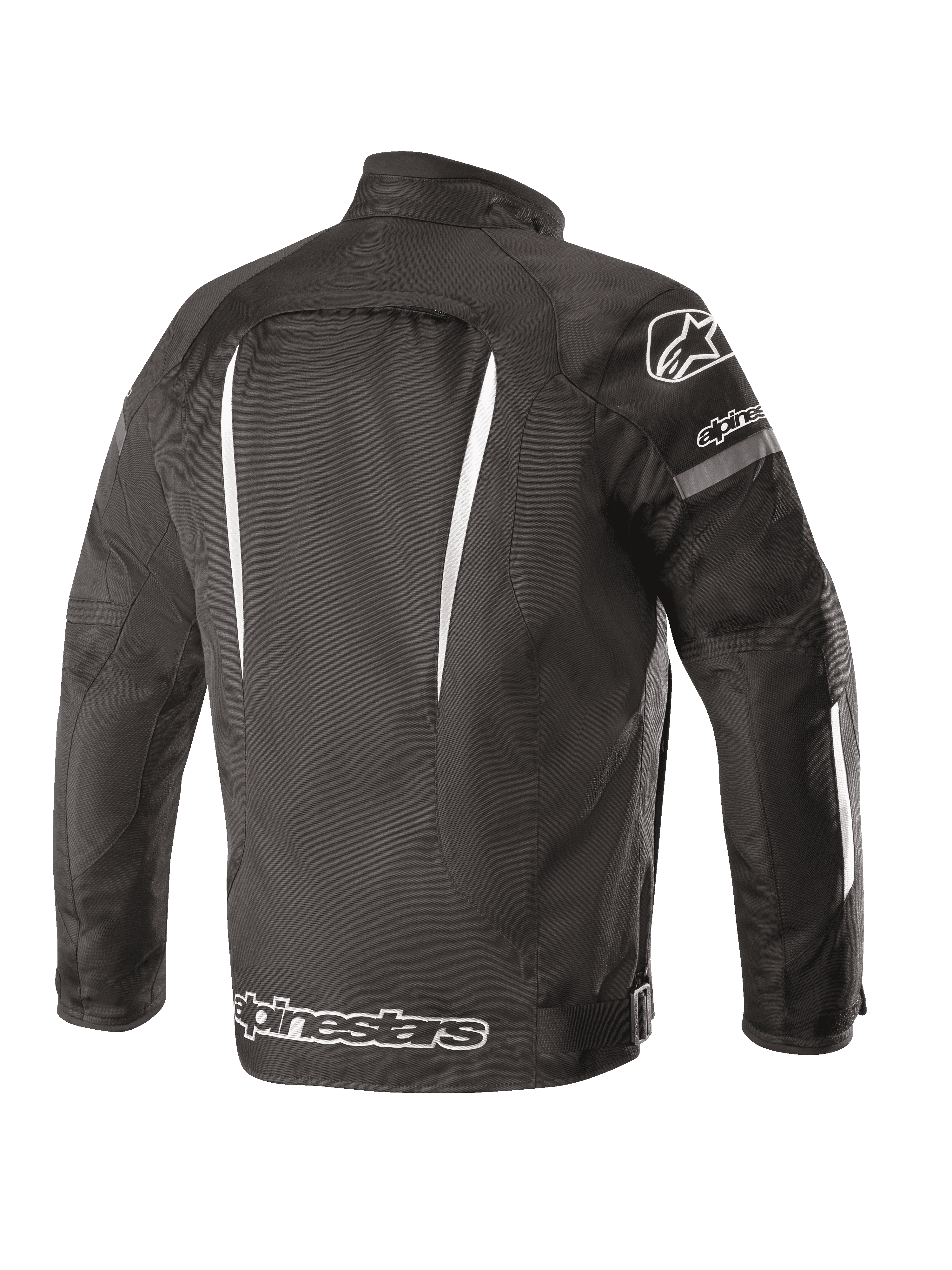 Chaqueta impermeable Alpinestars Gunner V2, vista posterior, negro y blanco, construcción textil con detalles blancos verticales, logotipo grande de Alpinestars en la parte inferior de la espalda y logotipo A-star en el hombro, equipamiento de conducción urbana
