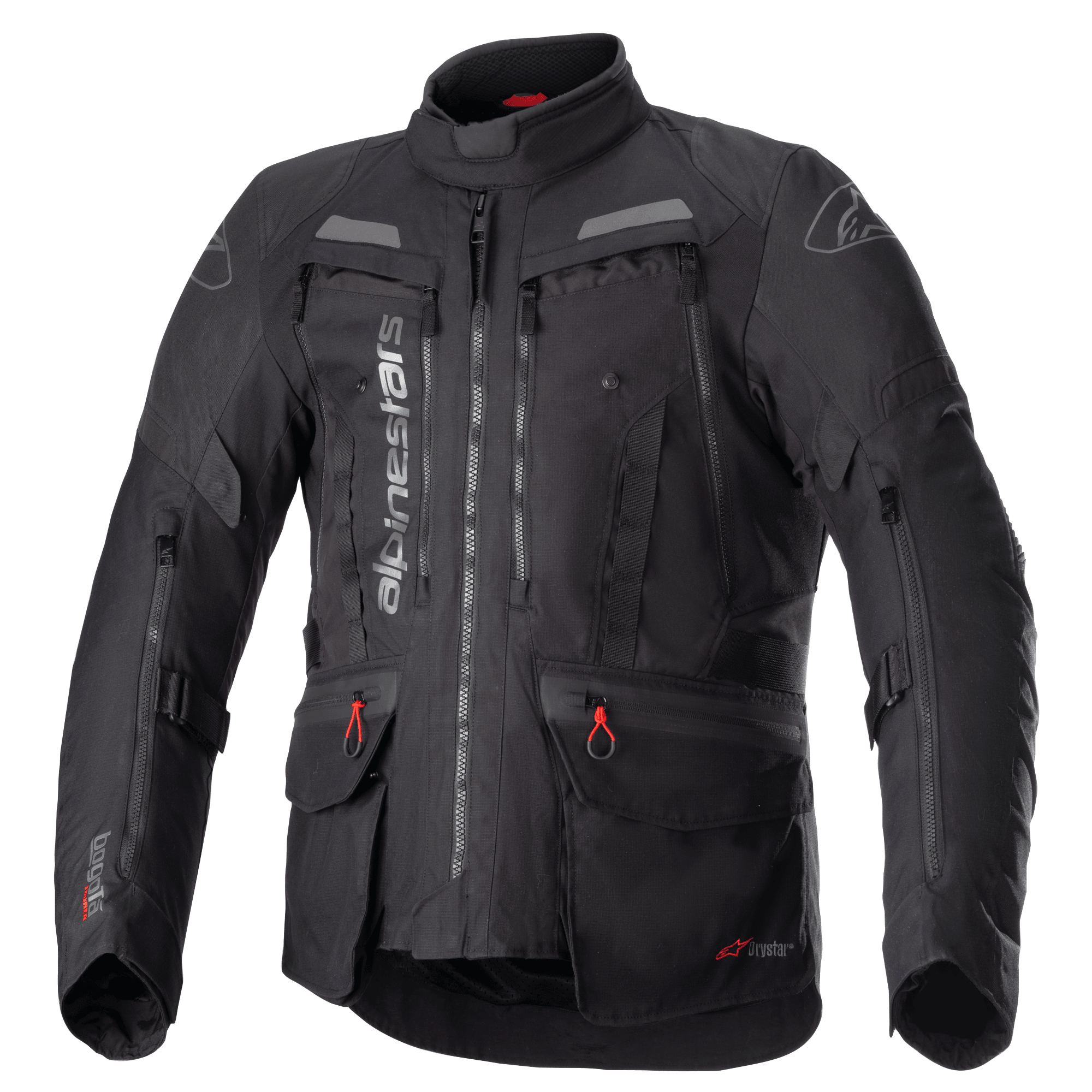 Alpinestars Bogota Pro Drystar Jacket, All-Black Motorcycle Touring Jacket, Gray and Red accents, featuring large chest ventilation panels, waterproof pockets with red pull tabs, high protective collar, and durable textile construction for adventure riding.