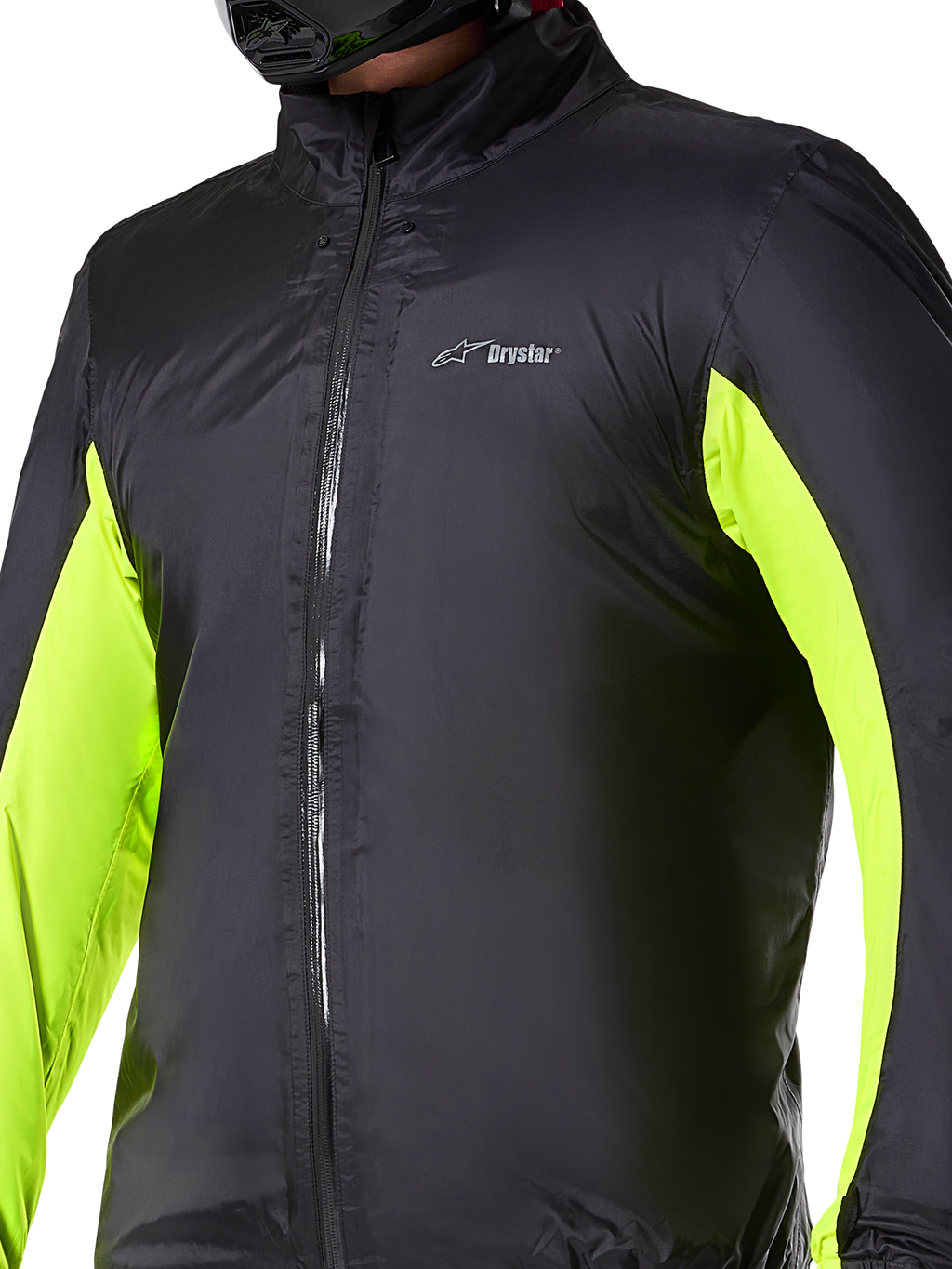Forro impermeable de la chaqueta Alpinestars Bogotá Pro Drystar®, capa técnica para motociclismo, negro con paneles amarillo neón en los brazos, cierre de cremallera frontal y logo Drystar en el pecho, diseñado para protección en la conducción bajo cualquier clima