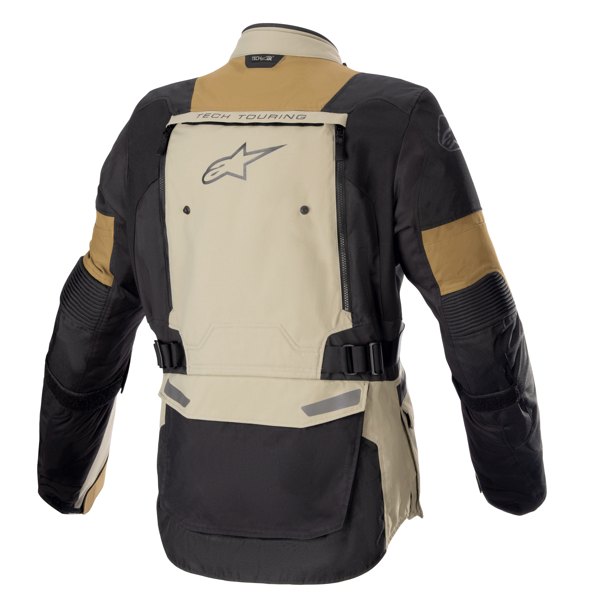Chaqueta Alpinestars Bogotá Pro Drystar®, chaqueta de aventura para motocicleta, verde oliva militar Vetiver y negro, vista posterior que muestra un gran panel de ventilación en la espalda con la marca 'TECH TOURING' y el logotipo de Alpinestars, correas de cintura ajustables y construcción textil duradera para touring en todas las estaciones.