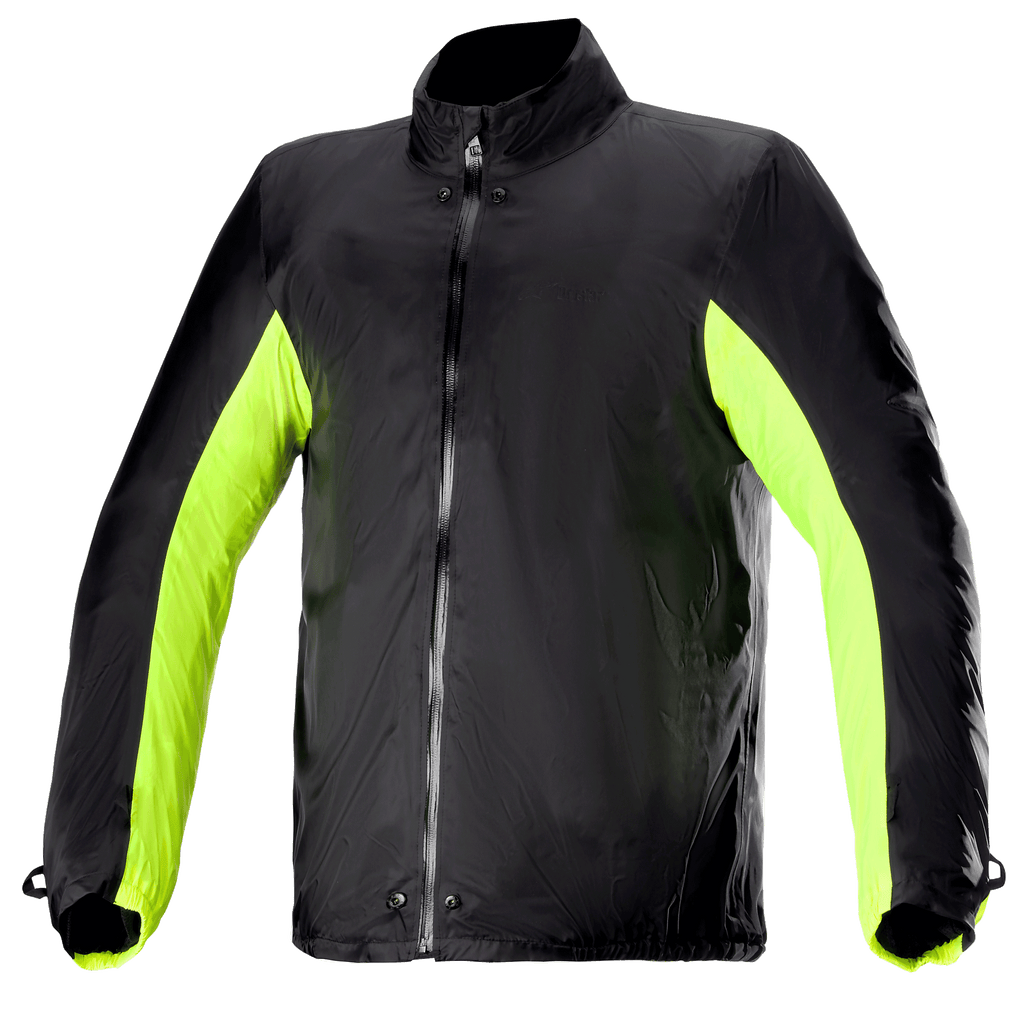 Funda impermeable Alpinestars Bogota' Pro Drystar® para chaqueta, forro de moto resistente al agua, negro con paneles laterales y en los brazos en amarillo flúor, cremallera frontal completa con botones a presión en el cuello y la cintura, accesorio técnico para conducción en todo tipo de clima