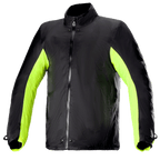 Funda impermeable Alpinestars Bogota' Pro Drystar® para chaqueta, forro de moto resistente al agua, negro con paneles laterales y en los brazos en amarillo flúor, cremallera frontal completa con botones a presión en el cuello y la cintura, accesorio técnico para conducción en todo tipo de clima