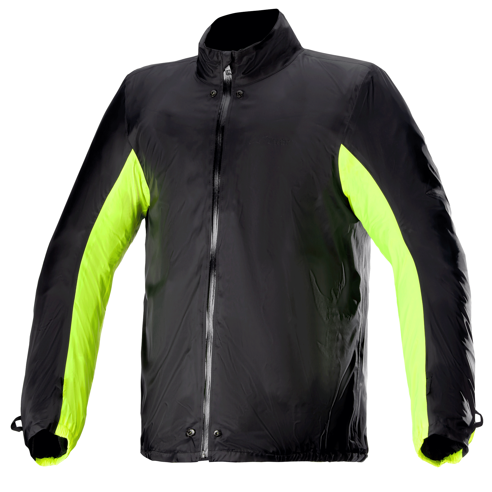 Funda impermeable Alpinestars Bogota' Pro Drystar® para chaqueta, forro de moto resistente al agua, negro con paneles laterales y en los brazos en amarillo flúor, cremallera frontal completa con botones a presión en el cuello y la cintura, accesorio técnico para conducción en todo tipo de clima
