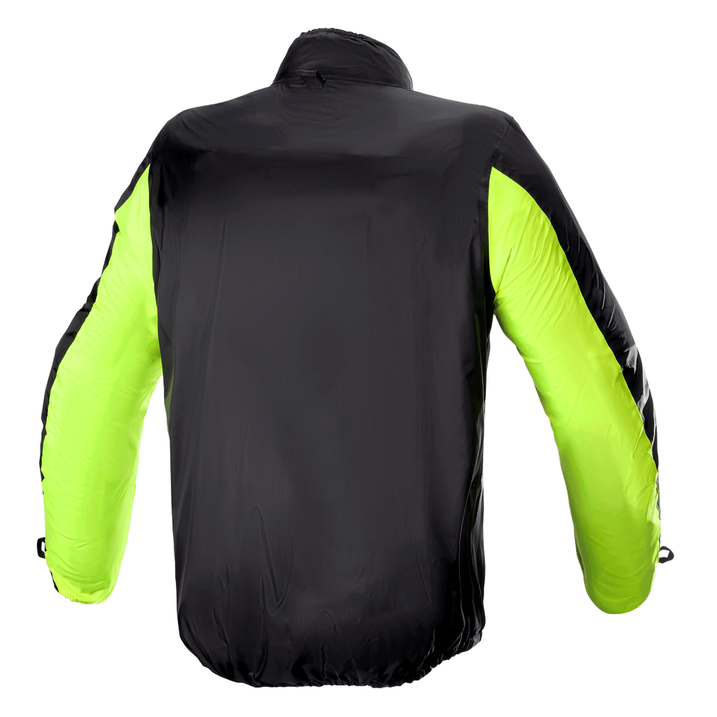 Alpinestars Bogota' Pro Drystar® Jacket Rain Cover, vista trasera, negro con mangas amarillo fluorescente, construcción ligera e impermeable para alta visibilidad y protección contra el clima