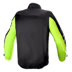 Alpinestars Bogota' Pro Drystar® Jacket Rain Cover, vista trasera, negro con mangas amarillo fluorescente, construcción ligera e impermeable para alta visibilidad y protección contra el clima