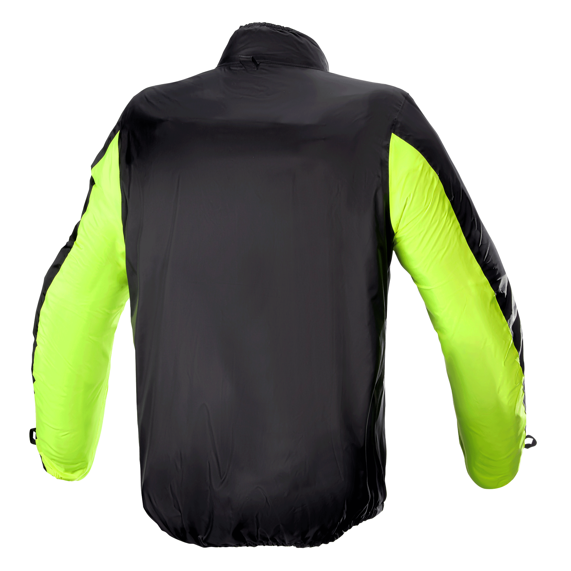 Alpinestars Bogota' Pro Drystar® Jacket Rain Cover, vista trasera, negro con mangas amarillo fluorescente, construcción ligera e impermeable para alta visibilidad y protección contra el clima