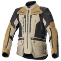 Chaqueta Alpinestars Bogota Pro Drystar, chaqueta de moto para turismo de aventura, beige, negro y marrón, construcción textil impermeable, múltiples bolsillos con tiradores rojos, áreas de protección reforzadas y diseño de cuello alto