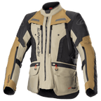 Chaqueta Alpinestars Bogota Pro Drystar, chaqueta de moto para turismo de aventura, beige, negro y marrón, construcción textil impermeable, múltiples bolsillos con tiradores rojos, áreas de protección reforzadas y diseño de cuello alto