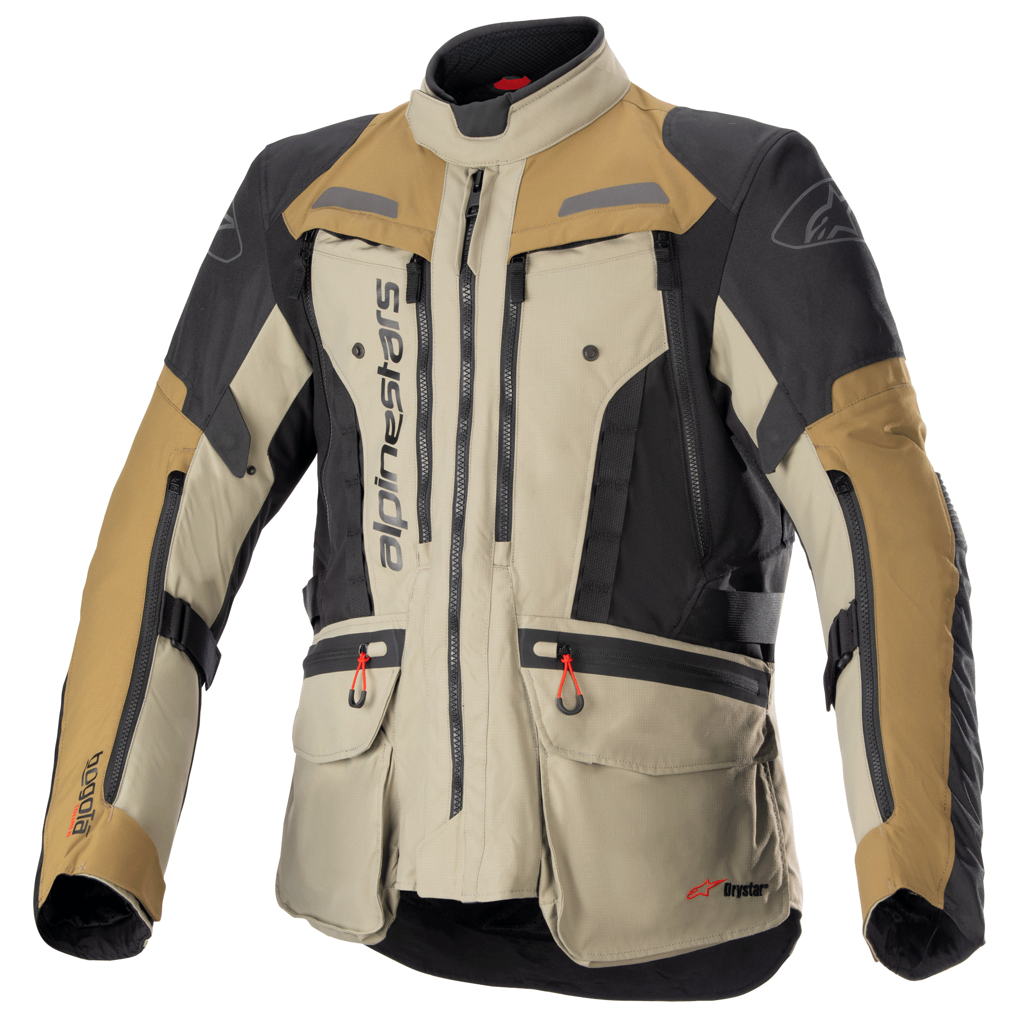 Chaqueta Alpinestars Bogota Pro Drystar, chaqueta de moto para turismo de aventura, beige, negro y marrón, construcción textil impermeable, múltiples bolsillos con tiradores rojos, áreas de protección reforzadas y diseño de cuello alto