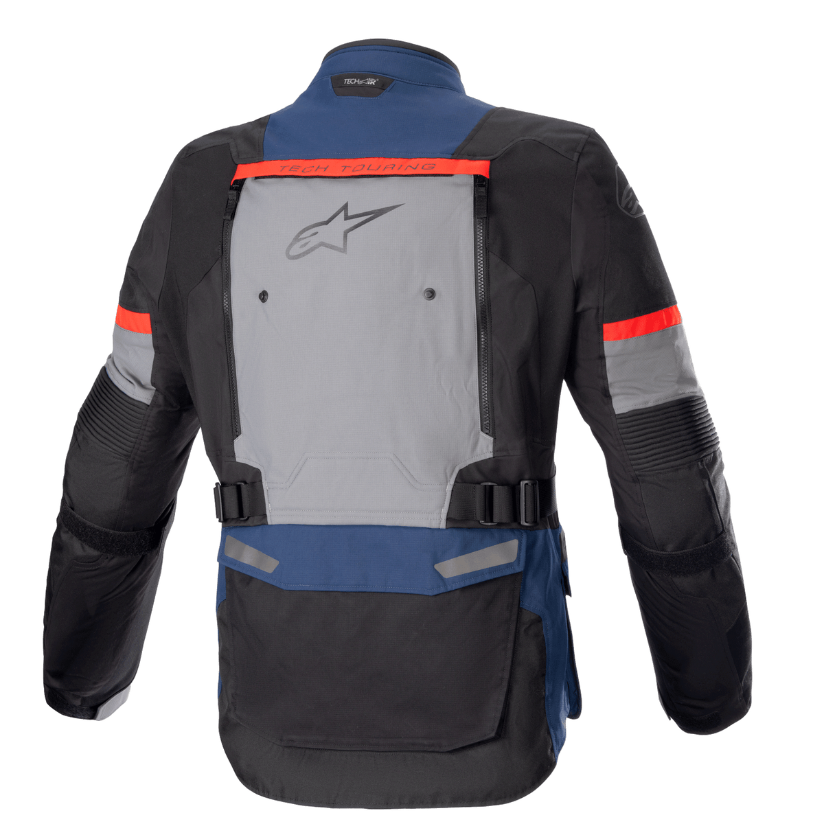 Chaqueta Alpinestars Bogotá Pro Drystar®, chaqueta de moto adventure touring, azul oscuro, negro y rojo brillante, vista trasera que presenta un gran panel de ventilación gris con el logo de Alpinestars, detalles rojos 'Tech Touring' y correas de cintura ajustables