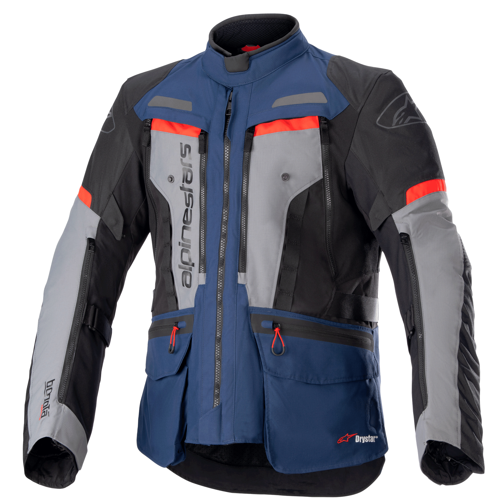 Alpinestars Bogota Pro Drystar Jacket, motorcycle adventure touring jacket, Dark Blue and Black with Gray chest panels and Bright Red accents, featuring waterproof textile construction, multiple ventilation zippers, and utility pockets.