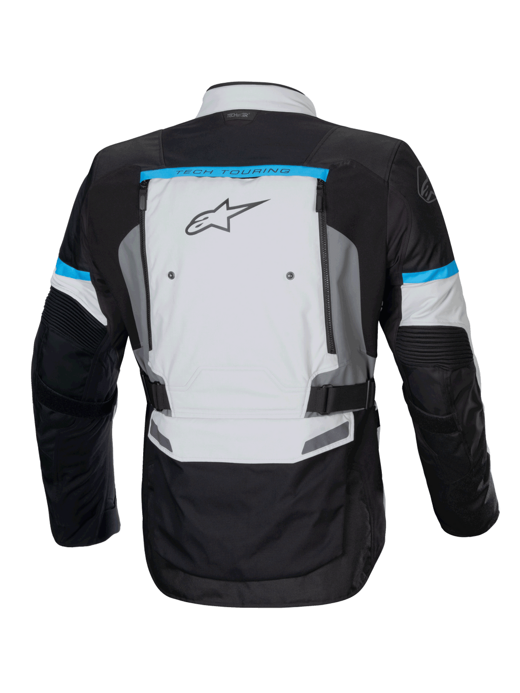 Chaqueta Bogotá Pro Drystar Alpinestars, chaqueta de moto touring gris y negra con detalles cian y ventilación trasera
