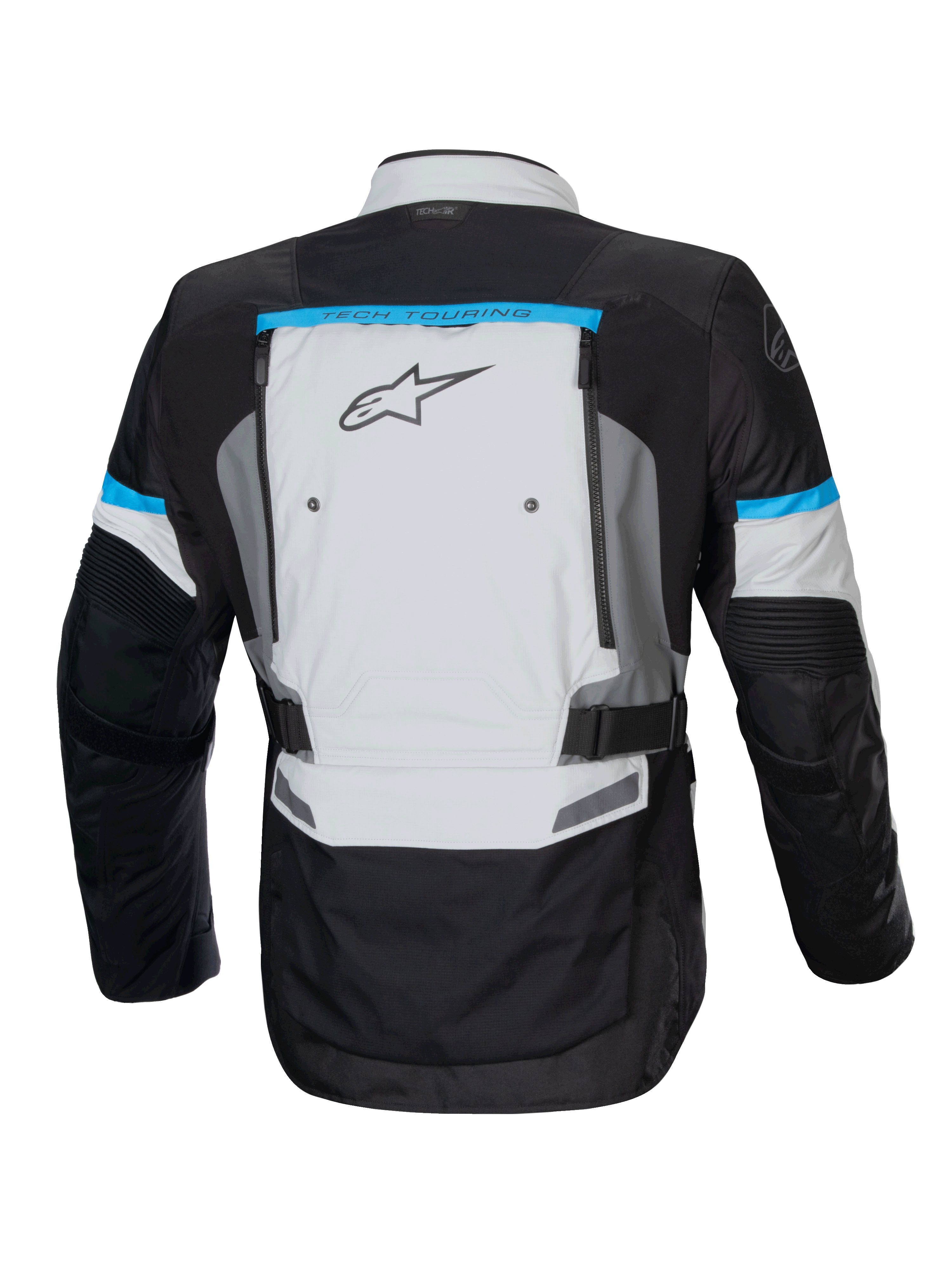 Chaqueta Bogotá Pro Drystar Alpinestars, chaqueta de moto touring gris y negra con detalles cian y ventilación trasera
