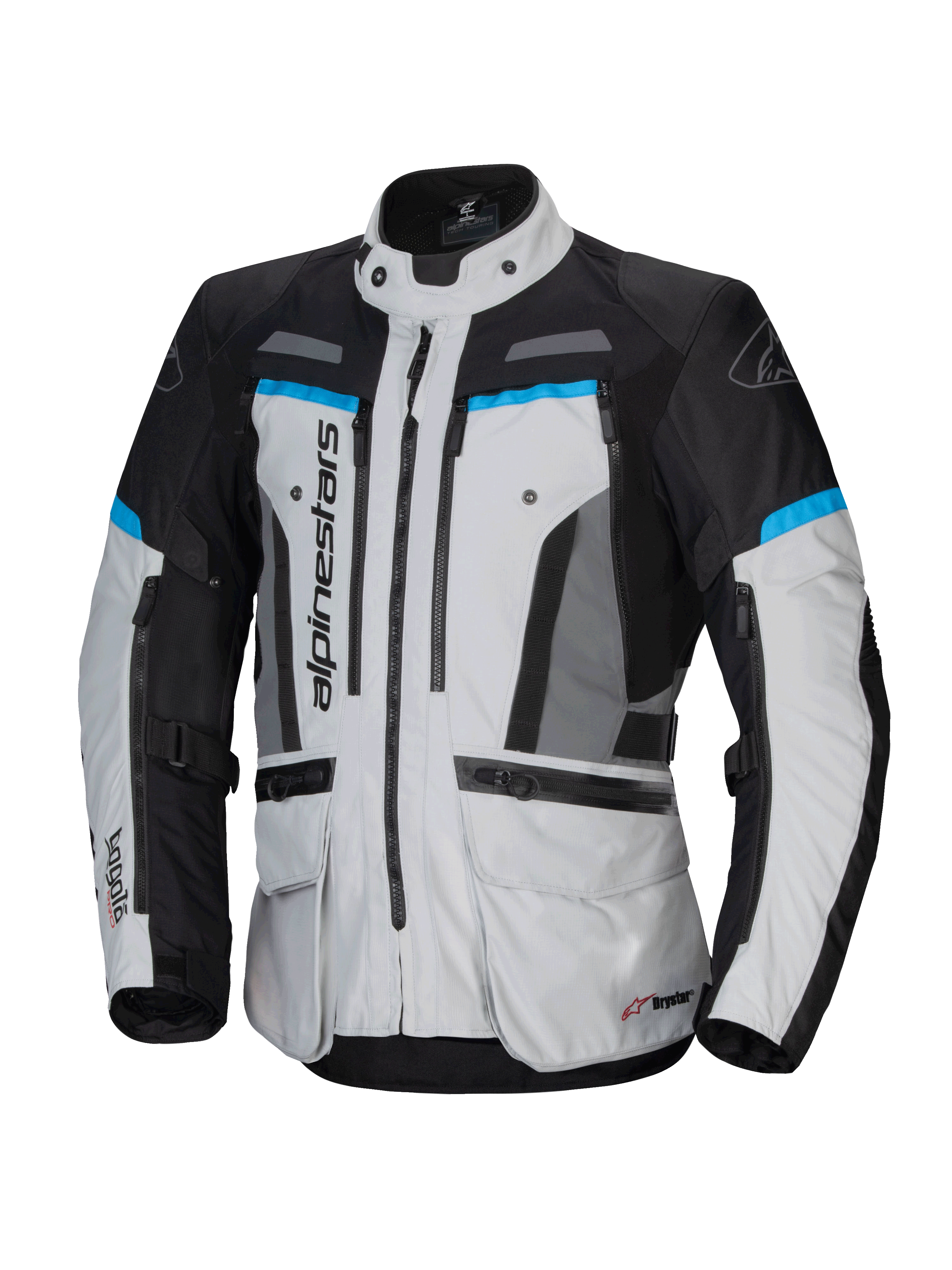 Alpinestars Chaqueta Bogotá Pro Drystar®, chaqueta de moto touring, hombre, gris hielo y negra con cian, textil impermeable.