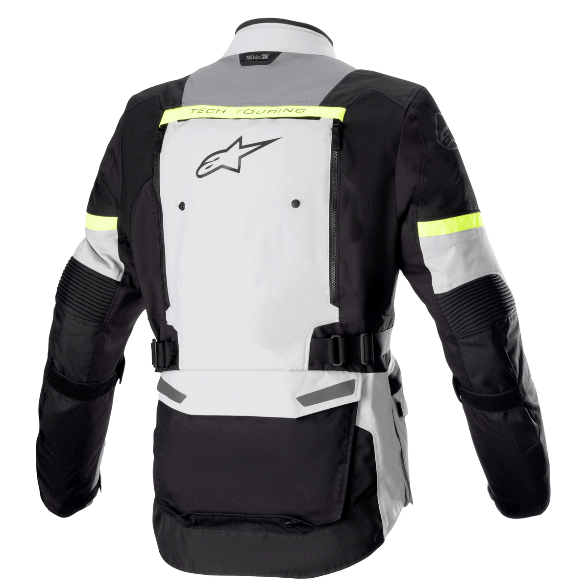 Chaqueta Alpinestars Bogota' Pro Drystar®, vista trasera, gris hielo, gris oscuro y amarillo flúor, con un gran panel de ventilación en la espalda, detalles reflectantes en amarillo flúor y correas de cintura ajustables, equipo de motociclismo para touring de aventura
