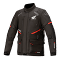 Honda Andes V3 Drystar Jacket, Motorcycle Touring Jacket, Black with Red Accents, front view featuring large cargo pockets and adjustable straps, technical textile construction with Honda wing and Alpinestars logos, adventure-inspired design