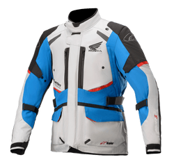 Chaqueta Alpinestars Honda Andes V3 Drystar®, chaqueta de moto touring, gris hielo, azul y rojo brillante, diseño impermeable con cuello alto, múltiples ventilaciones con cremallera, bolsillos de carga y correas ajustables, con logotipos de Honda