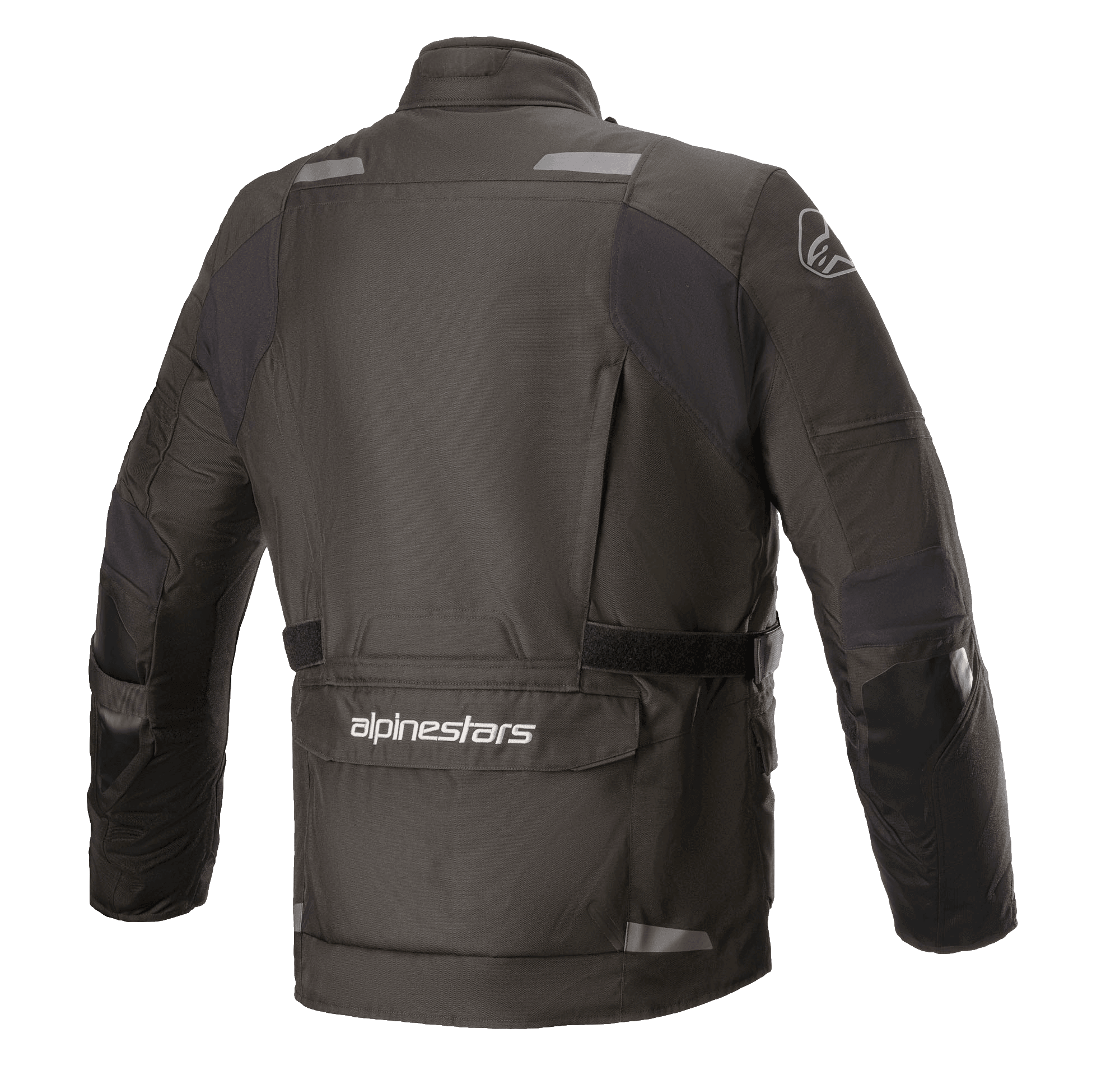 Alpinestars Andes V3 Drystar® Jacket, Motorcycle Jacket, Black, back view featuring a large lower utility pocket with Alpinestars branding, reflective accents on shoulders, and adjustable waist belt, durable textile design for adventure touring