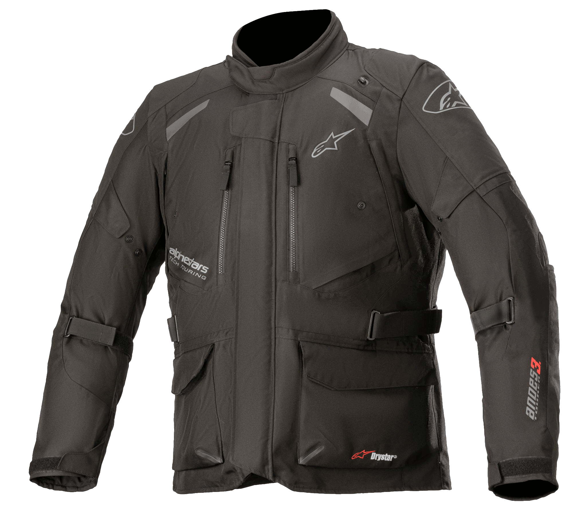 Alpinestars Andes V3 Drystar Jacket, Motorcycle Adventure Touring Jacket, Black with white and red branding, features multiple waterproof cargo pockets, adjustable straps for a custom fit, weather-resistant textile construction, reflective panels for visibility