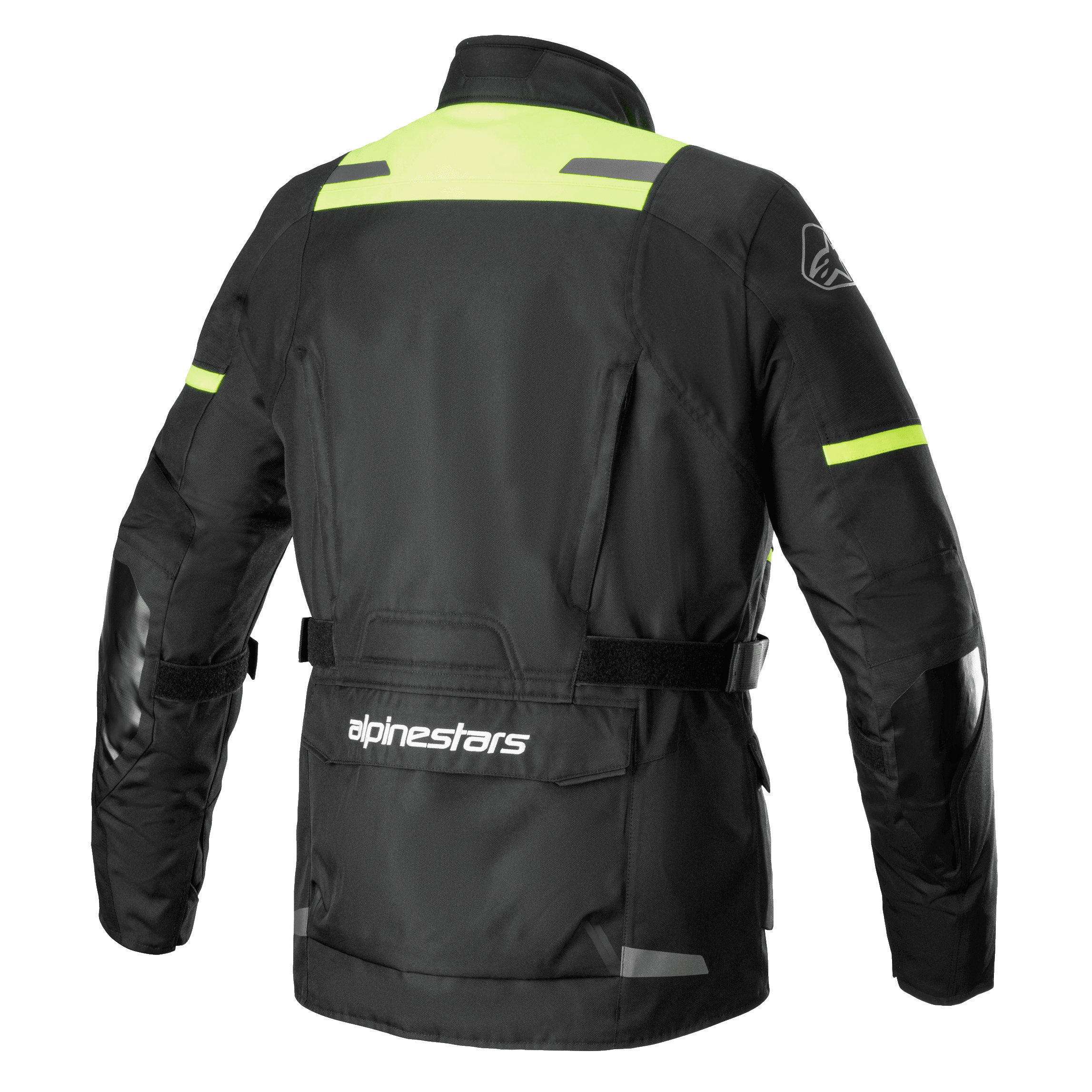 Alpinestars Andes V3 Drystar® Jacket, vista trasera de chaqueta de moto de aventura en color negro y amarillo flúor, con un gran bolsillo utilitario en la parte baja de la espalda con el logotipo de Alpinestars, paneles de alta visibilidad en los hombros y correas de ajuste en la cintura.