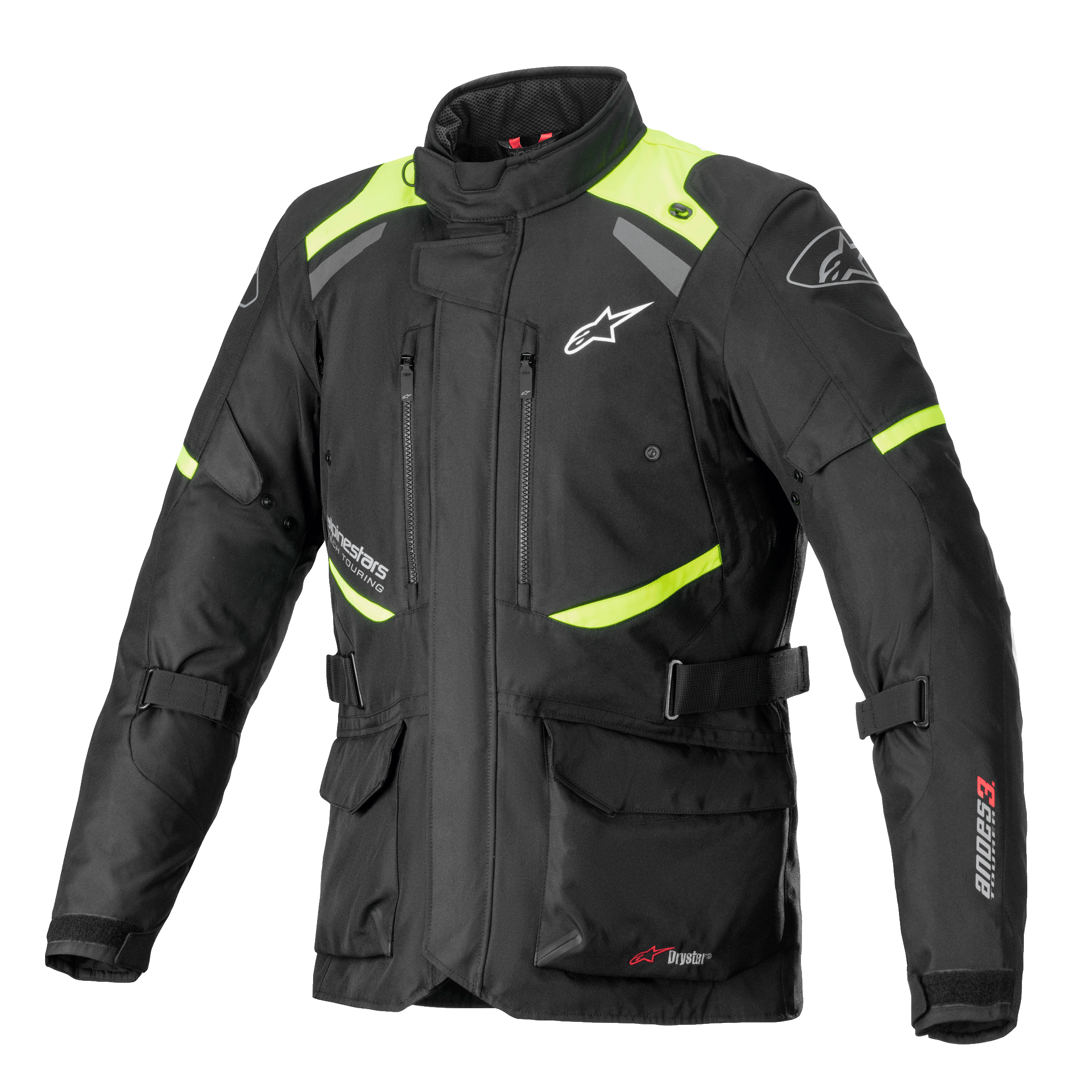 Chaqueta Alpinestars Andes V3 Drystar, chaqueta de moto touring, negra con detalles en amarillo fluorescente, con ventilaciones en el pecho con cremallera, bolsillos cargo frontales grandes, correas de ajuste en la cintura y logotipos de Alpinestars, equipamiento técnico impermeable para aventura