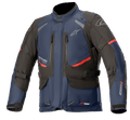 Alpinestars Andes V3 Drystar Jacket, Motorcycle Touring Jacket, Dark Blue and Black with Red accents, front view featuring zippered chest vents, adjustable waist straps, and high collar, waterproof textile construction for adventure riding