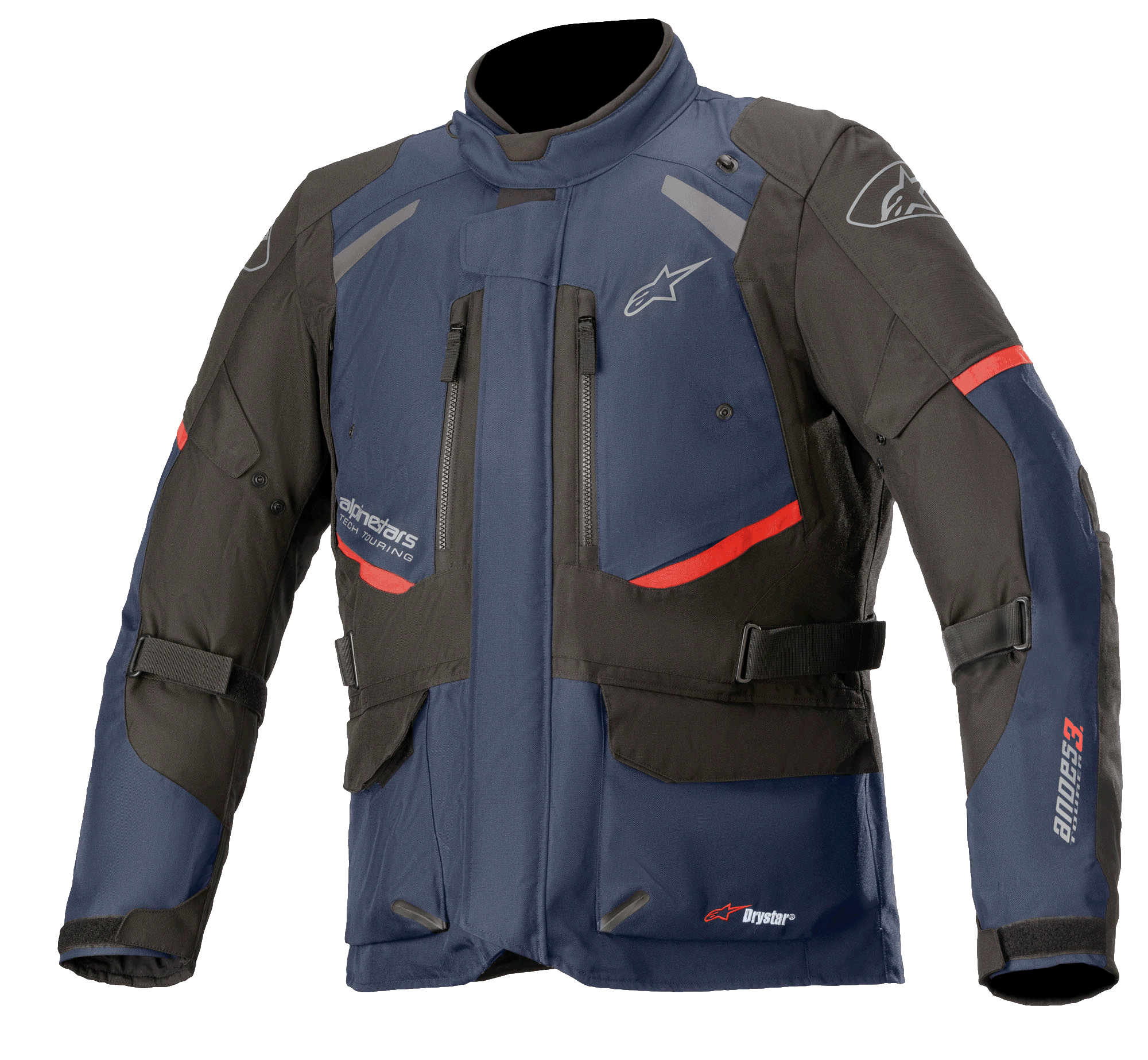 Alpinestars Andes V3 Drystar, chaqueta de moto para turismo, azul oscuro y negro con detalles en rojo, vista frontal con ventilaciones de pecho con cremallera, correas de cintura ajustables y cuello alto, construcción textil impermeable para conducción de aventura