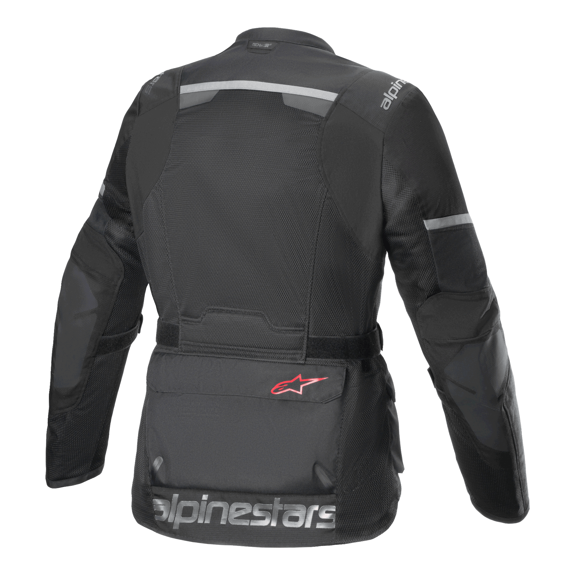 Alpinestars Andes Air Drystar® Jacket, chaqueta de moto, negra, vista trasera con amplios paneles de ventilación de malla, tiras reflectantes en la parte superior de la espalda y las mangas, y gran logotipo de texto Alpinestars en el dobladillo inferior.