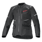 Chaqueta Alpinestars Andes Air Drystar, chaqueta de moto adventure touring negra, vista frontal, con amplios paneles de ventilación de malla, logotipo de Alpinestars rojo en el pecho, detalles reflectantes y bolsillos de carga frontales.