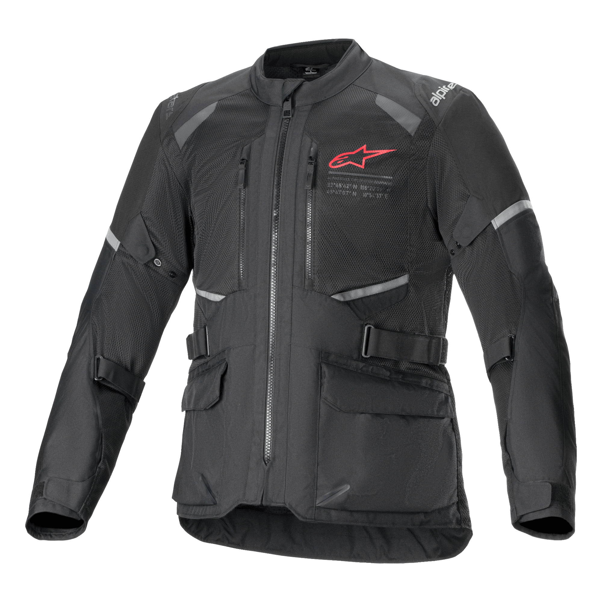 Chaqueta Alpinestars Andes Air Drystar, chaqueta de moto adventure touring negra, vista frontal, con amplios paneles de ventilación de malla, logotipo de Alpinestars rojo en el pecho, detalles reflectantes y bolsillos de carga frontales.