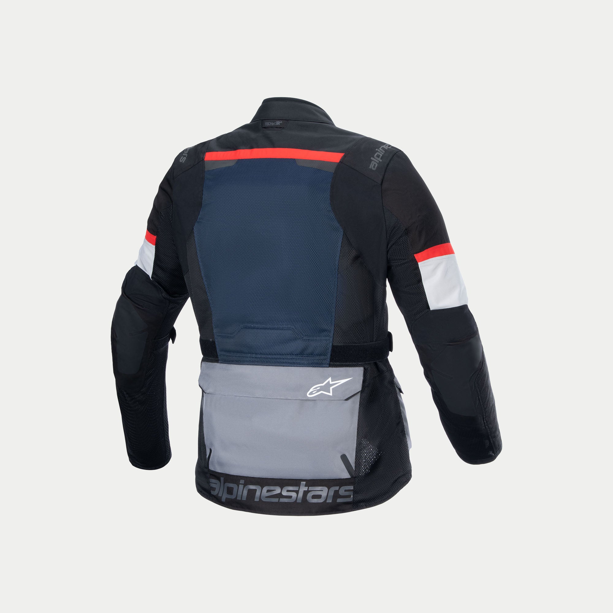 Alpinestars Chaqueta Andes Air Drystar®, chaqueta de moto adventure touring para hombre, azul oscuro, negro y gris hielo, con paneles de ventilación de malla 2D, vista posterior que muestra el bolsillo para protector de espalda y detalle del bolsillo inferior