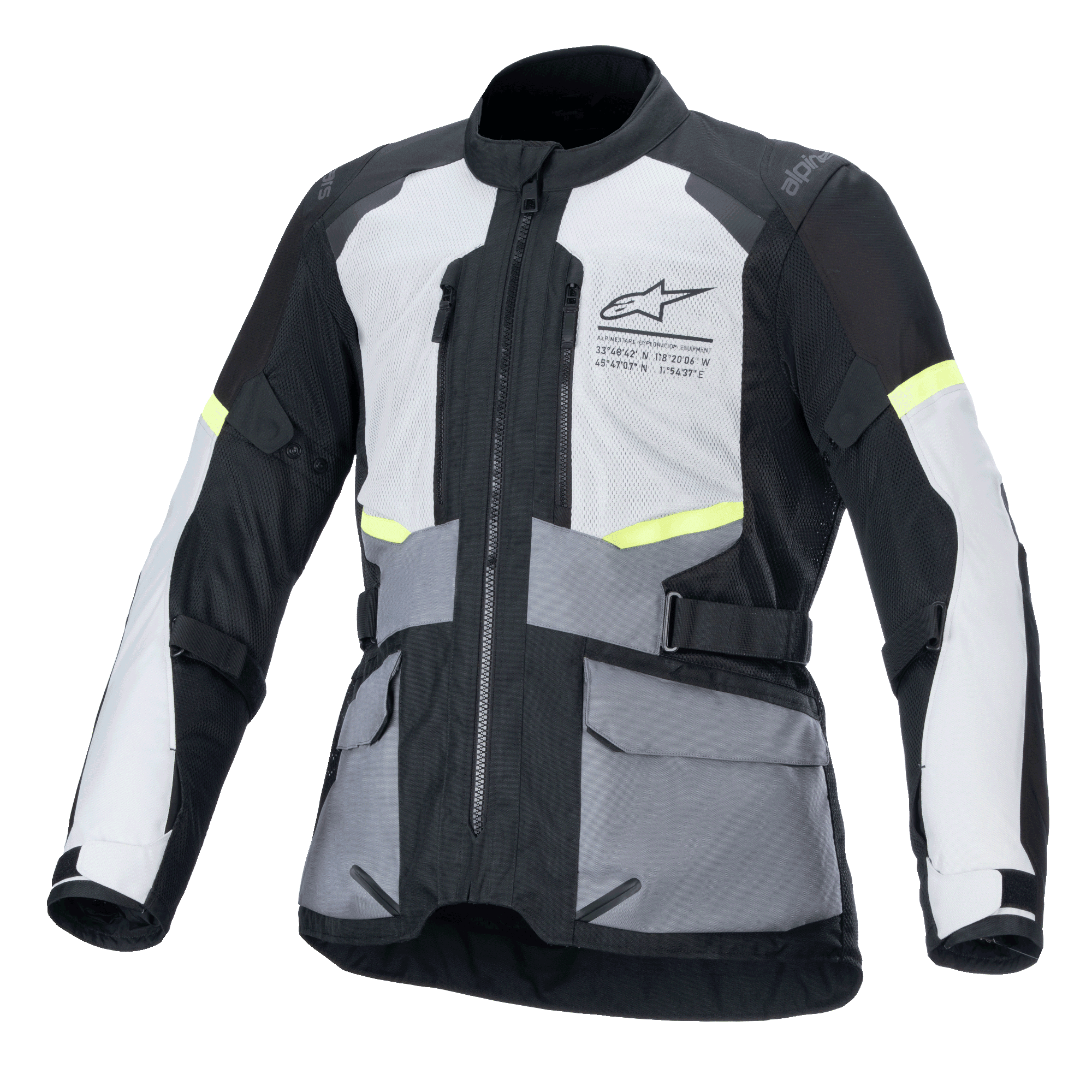 Alpinestars Andes Air Drystar Jacket, motorcycle touring jacket in Ice Gray, Dark Gray, and Black, featuring 2D mesh ventilation, CE certification, and Tech-Air compatibility